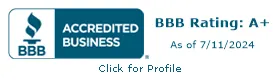 BBB Accredited Business seal with an A+ rating